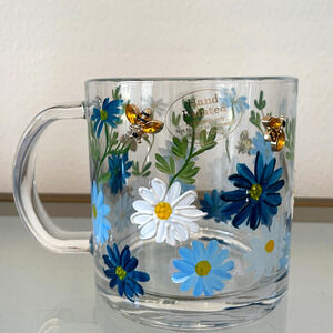 Hand Painted Clear Glass Mug Blue Daisy Floral Rhinestone Bumblebees New